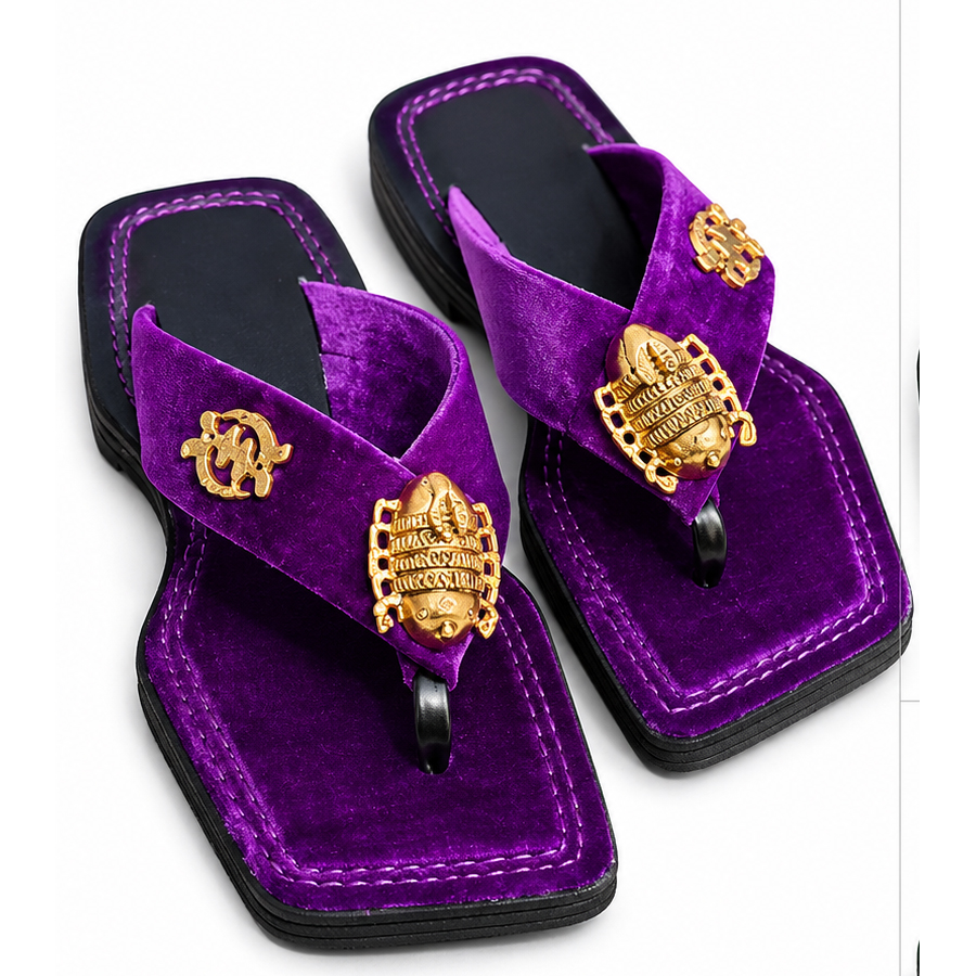 Unisex Luxury Purple Velvet Flat African Ahenema– Elegant Open Toe Slip-On Slippers with Gold Decorative Accent